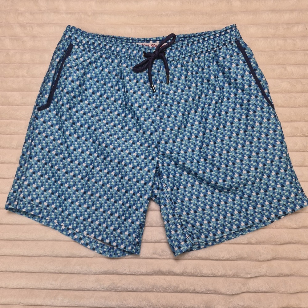 Mr Swim Mens Blue Geometric Pixel Mosaic Print Swim Trunks Shorts Large 7 Inseam